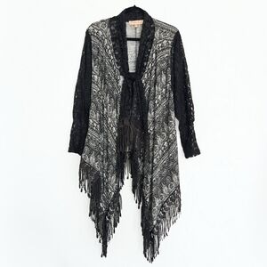 Pretty Angel Lace Fringe Linen Black White Sweater, S/M